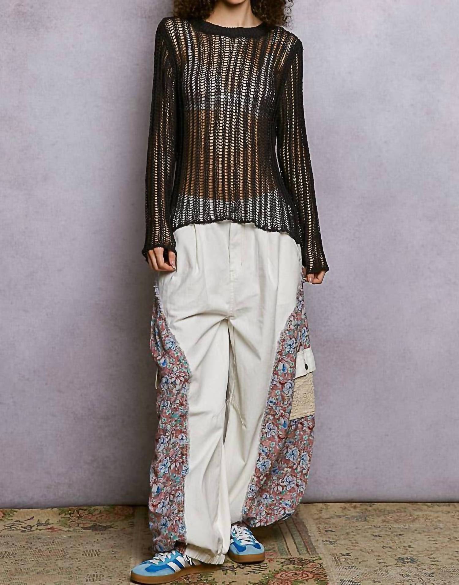 Pol - Round Neck Open-knit Long Sleeve Thin Sweater Top