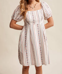Listicle - Floral Stripe Square Neck Puff Sleeve Dress