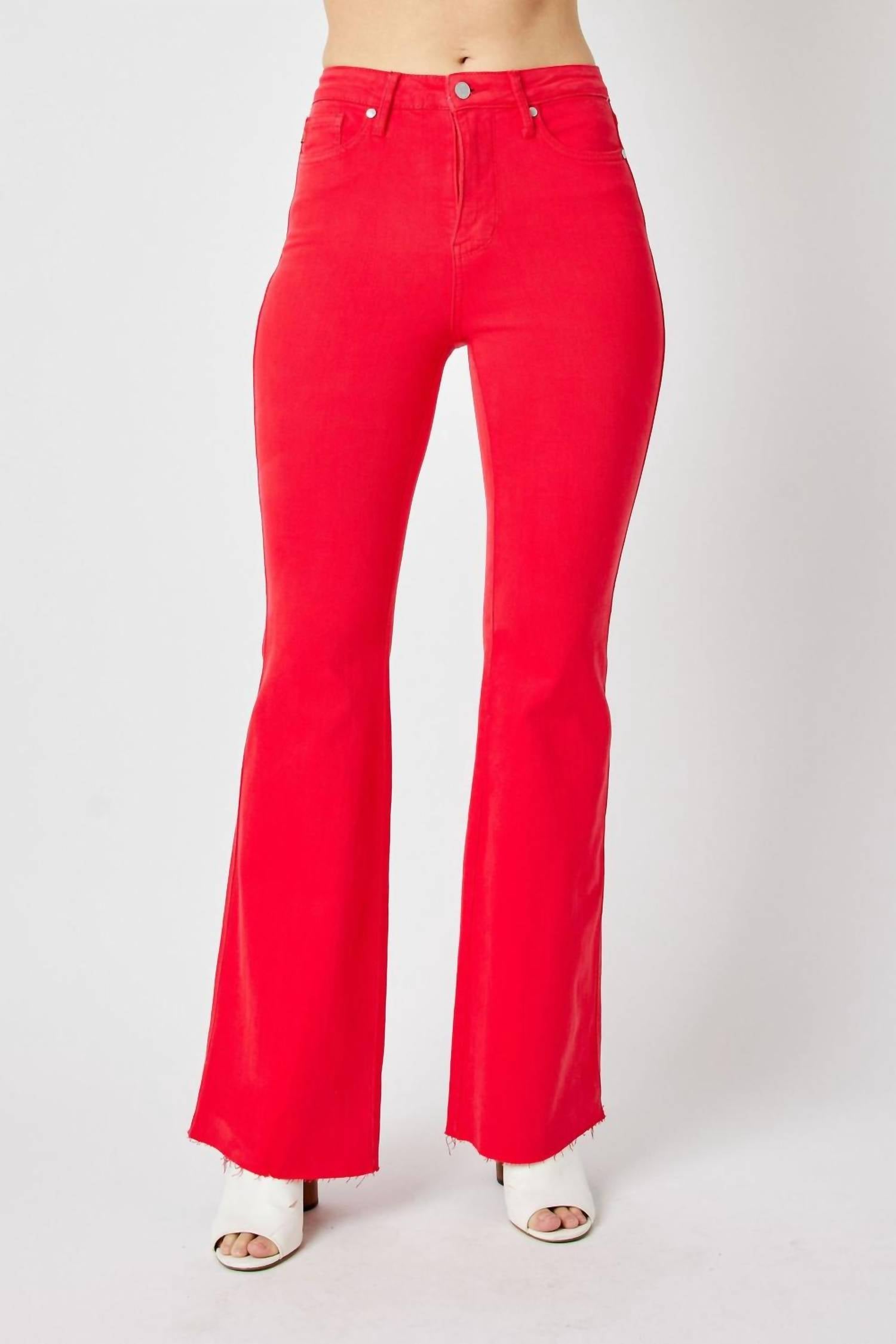 Judy Blue Waist Tummy Control Garment Flare Denim Jeans in dyed red - women's jeans