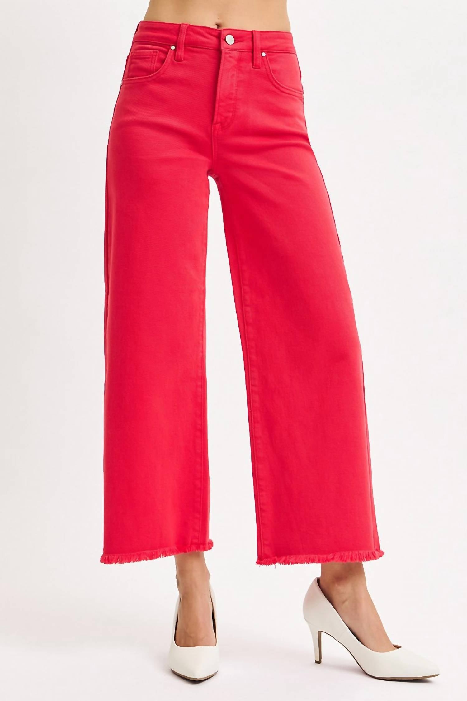 Risen - Tummy Control Red Raw Hem High Waisted Denim