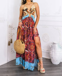 Surelymine - Boho Patchwork Cutout Maxi Dress with Side Slit