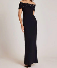Teri Jon Crepe Off The Shoulder Jewel Trim Portrait Column Gown in black - women's dress - detail view