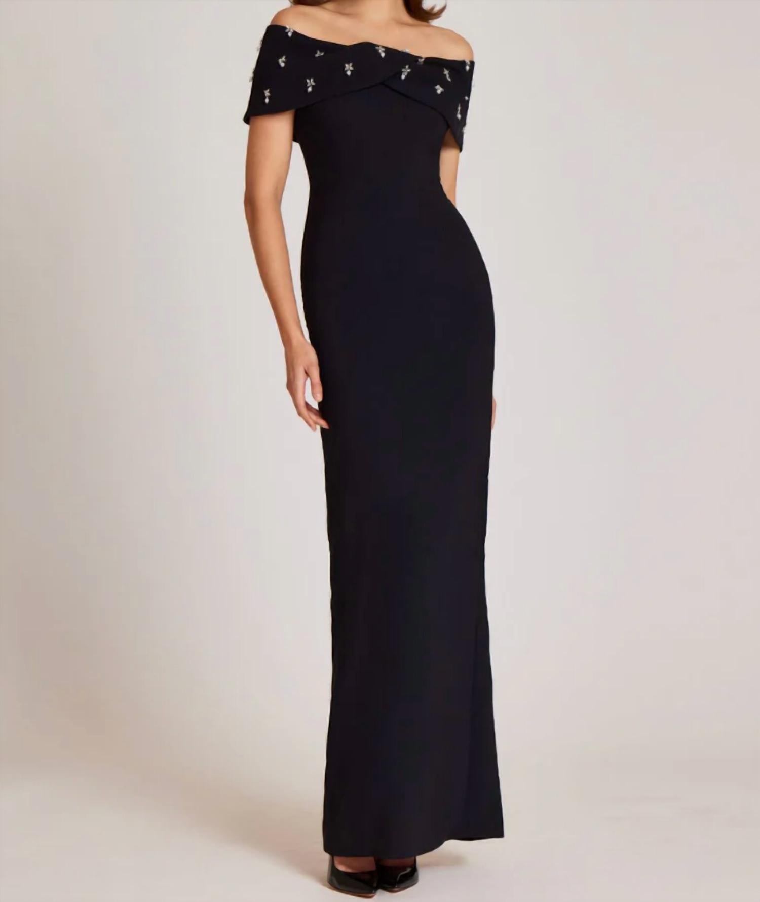 Teri Jon Crepe Off The Shoulder Jewel Trim Portrait Column Gown in black - women's dress - detail view