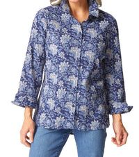 habitat Floral Blocked Shaped Shirt in ink - women's blouse