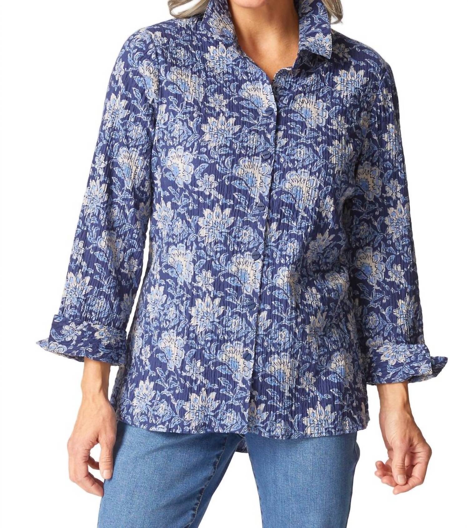 habitat Floral Blocked Shaped Shirt in ink - women's blouse