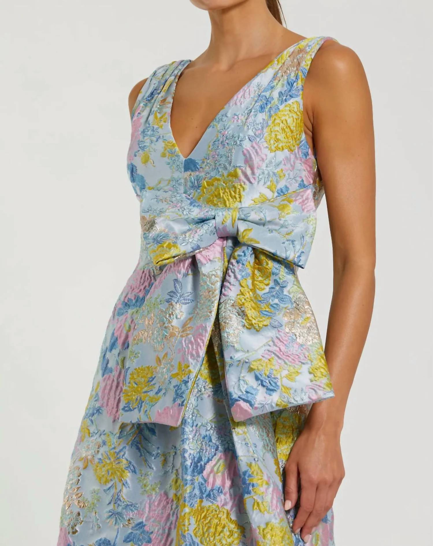 MAC DUGGAL Floral Brocade Sleeveless Midi Dress in blue - women's dress - alternate view