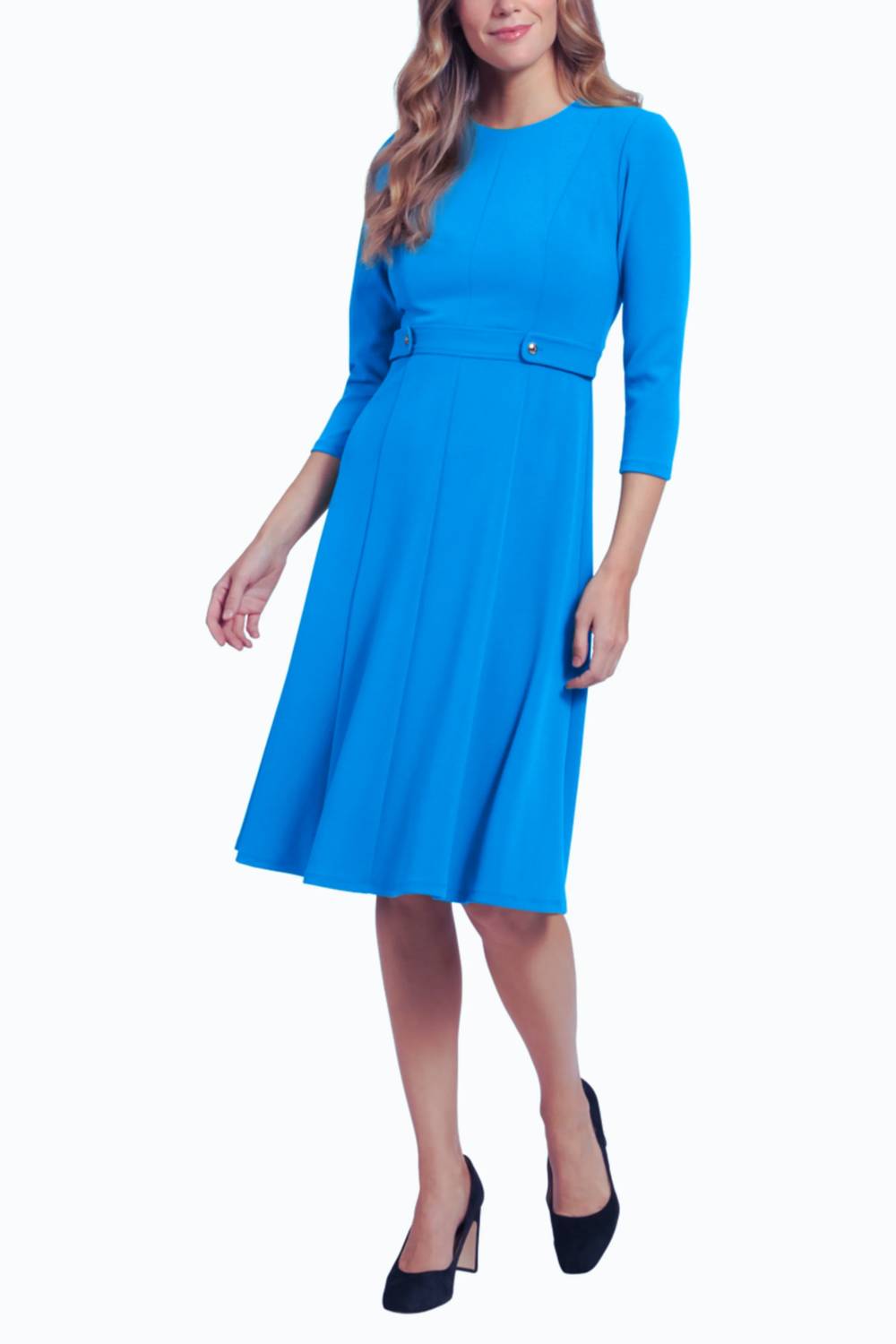 London Times - 3/4 Sleeve Button-Waist A-Line Dress