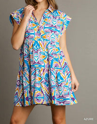 Umgee - Aztec Printed Tiered Collared Mini Dress