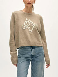 White + Warren Cashmere Blend Horse Embroidered Crewneck Sweater in misty brown ivory - women's sweater