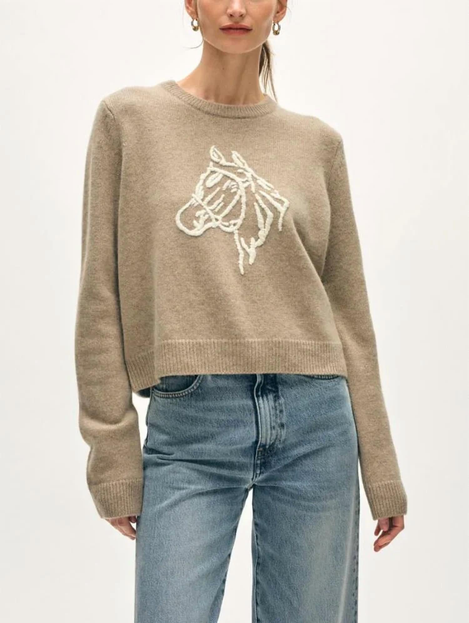White + Warren Cashmere Blend Horse Embroidered Crewneck Sweater in misty brown ivory - women's sweater