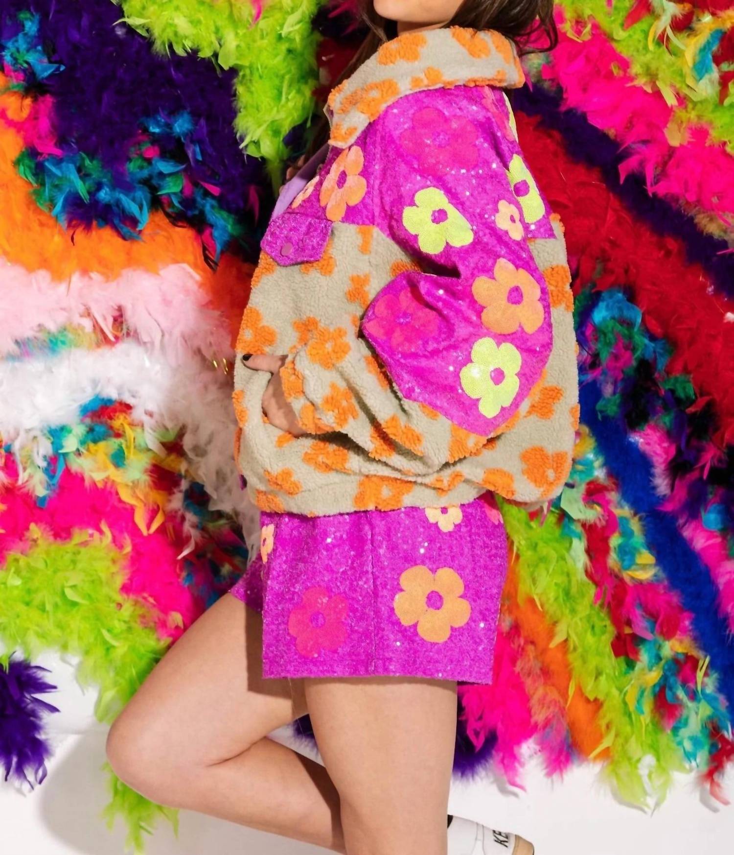 QUEEN OF SPARKLES Sequin Flower Short in neon purple - women's shorts - view 6