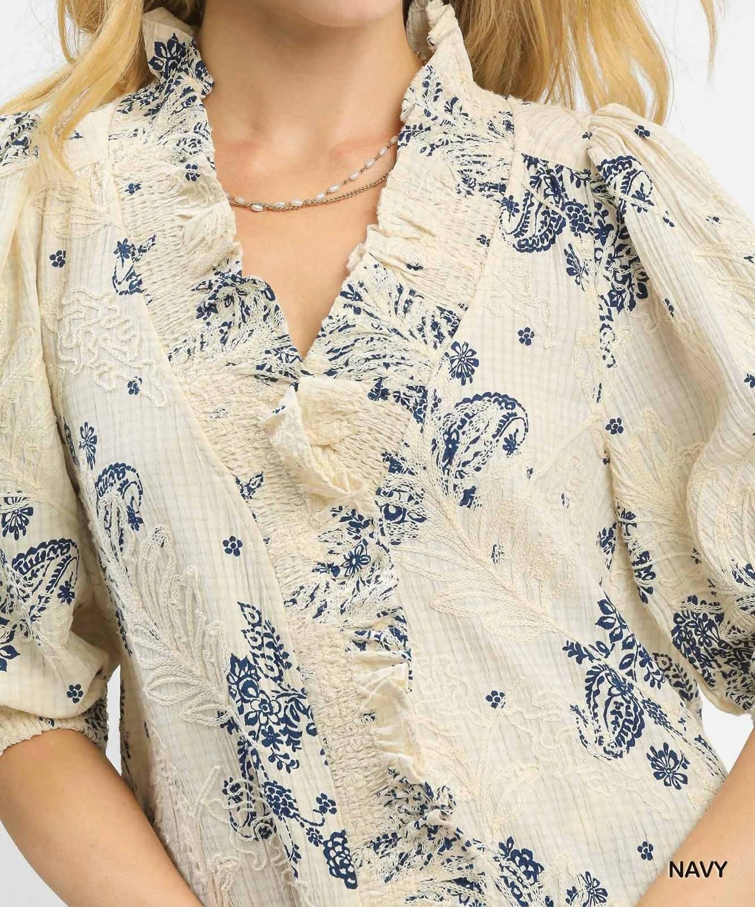 Umgee - Floral Embroidered Blouse With Ruffle Trim