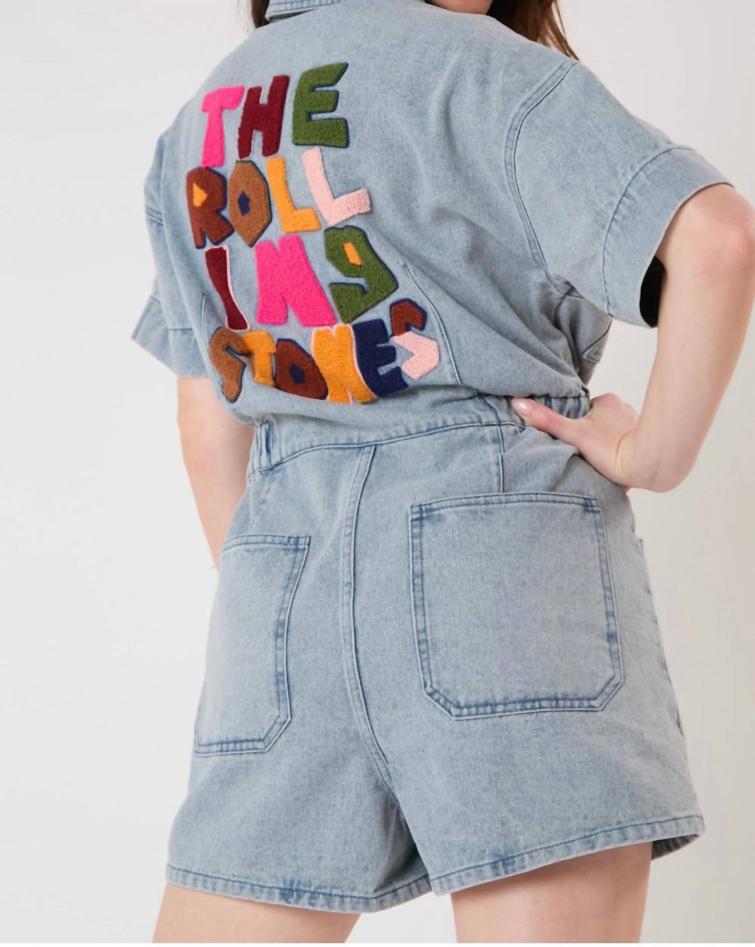 FANTASTIC FAWN Licensed Rolling Stones Denim Romper in light blue - women's pants - detail view
