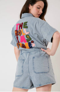 FANTASTIC FAWN Licensed Rolling Stones Denim Romper in light blue - women's pants - alternate view