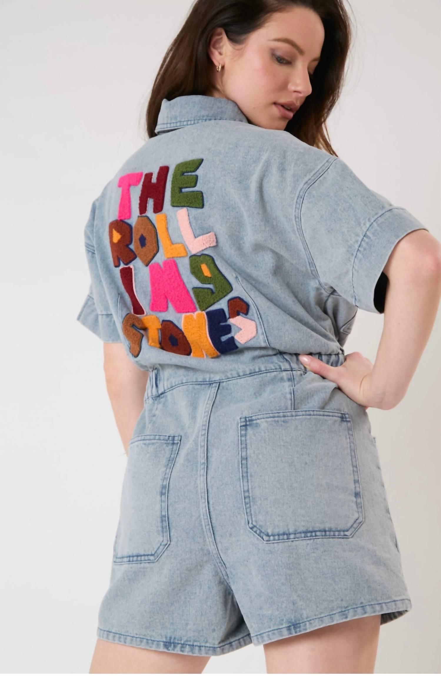 FANTASTIC FAWN Licensed Rolling Stones Denim Romper in light blue - women's pants - alternate view
