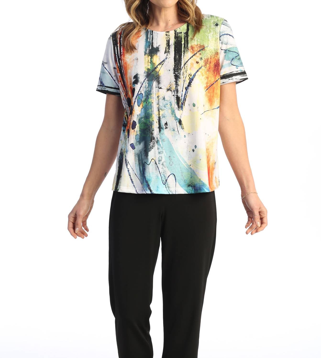 Jess & Jane Breezy Short Sleeve Top in multi - women's t-shirt - detail view
