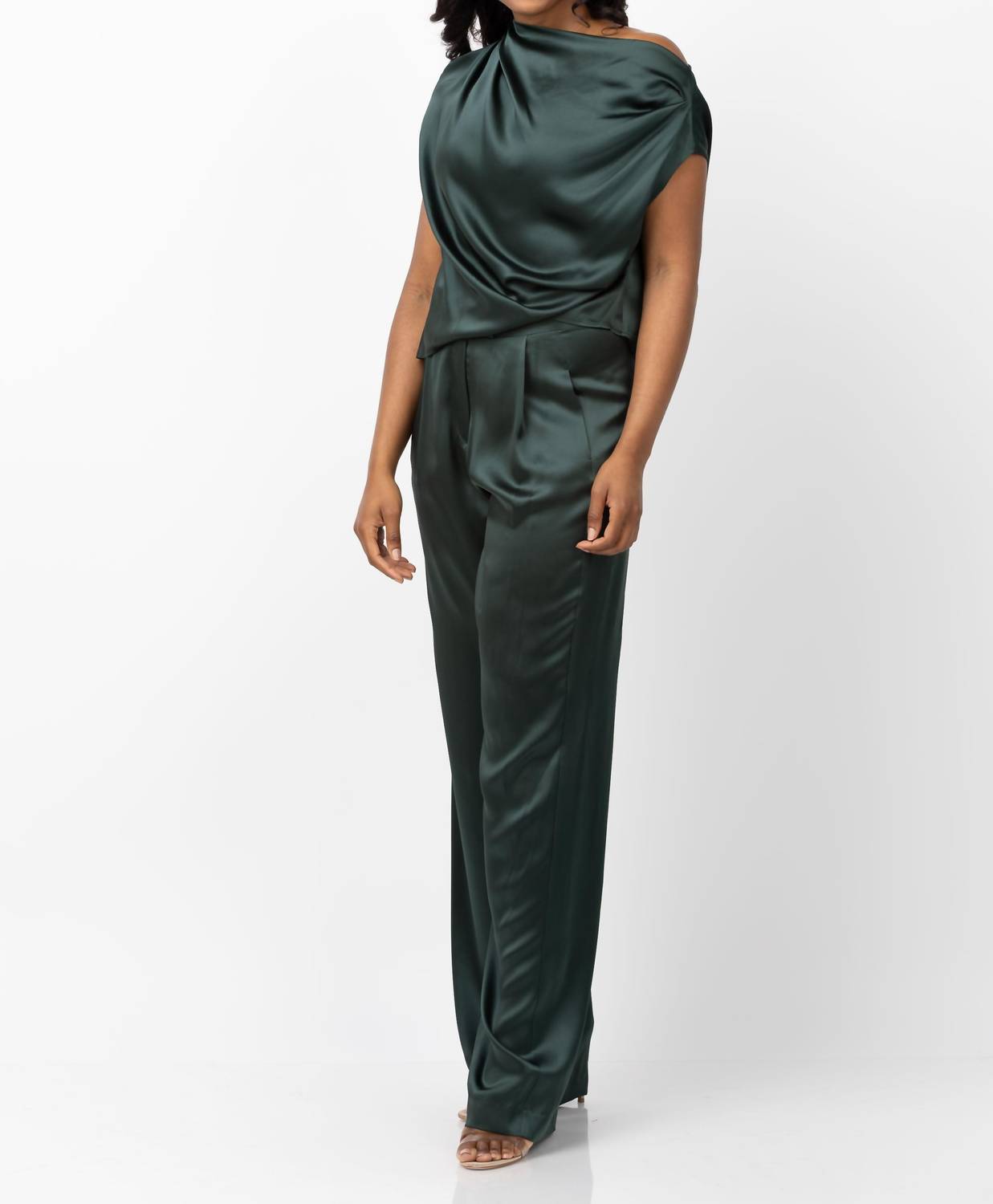 THE SEI Wide Leg Silk Trousers in hunter green - women's pants - view 4