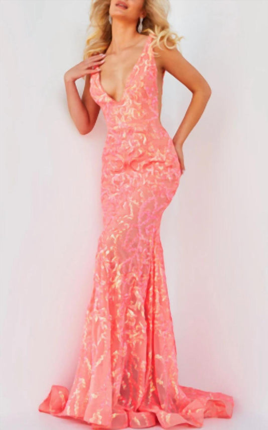 Jovani - Plunging V-Neck Sequin Embellished Gown