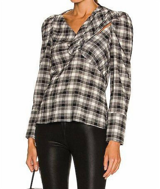 RORY PLAID POPLIN CUTOUT DRAPED SHIRT