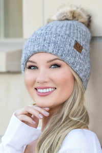Cc Beanies - Women's Soft Ribbed Fur Pom Beanie