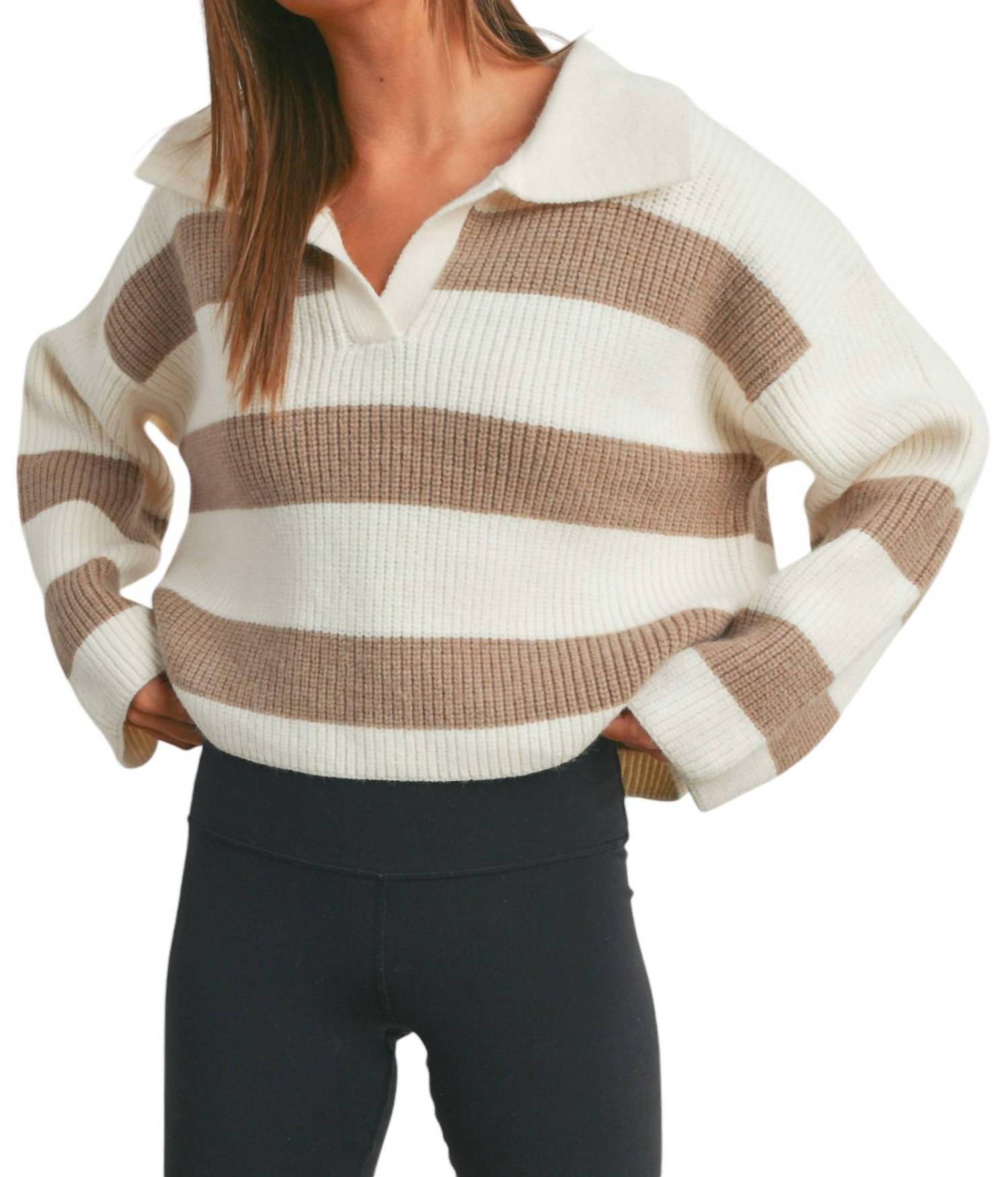 Buttermelon Striped Wide Collar Sweater in ivory taupe - women's sweater