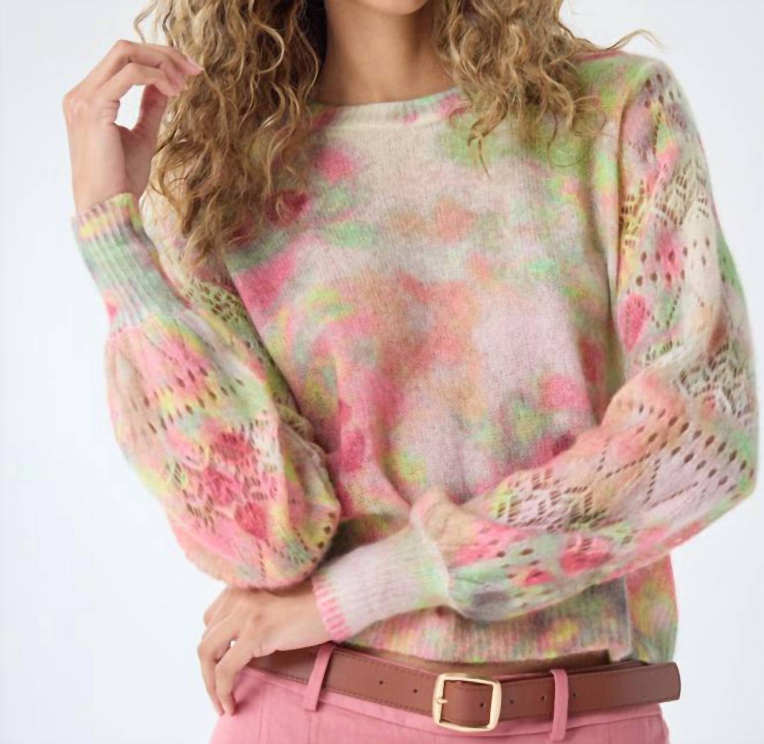 Autumn Cashmere - Pastel Flower Print Pointelle Crew Sweater