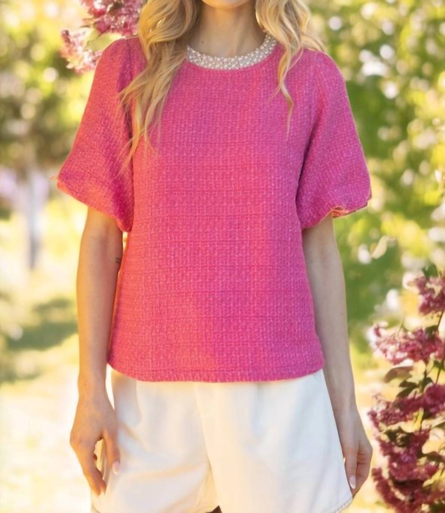 Voy - Pearl Trim Detailed Neck Bubble Sleeve Tweed Top