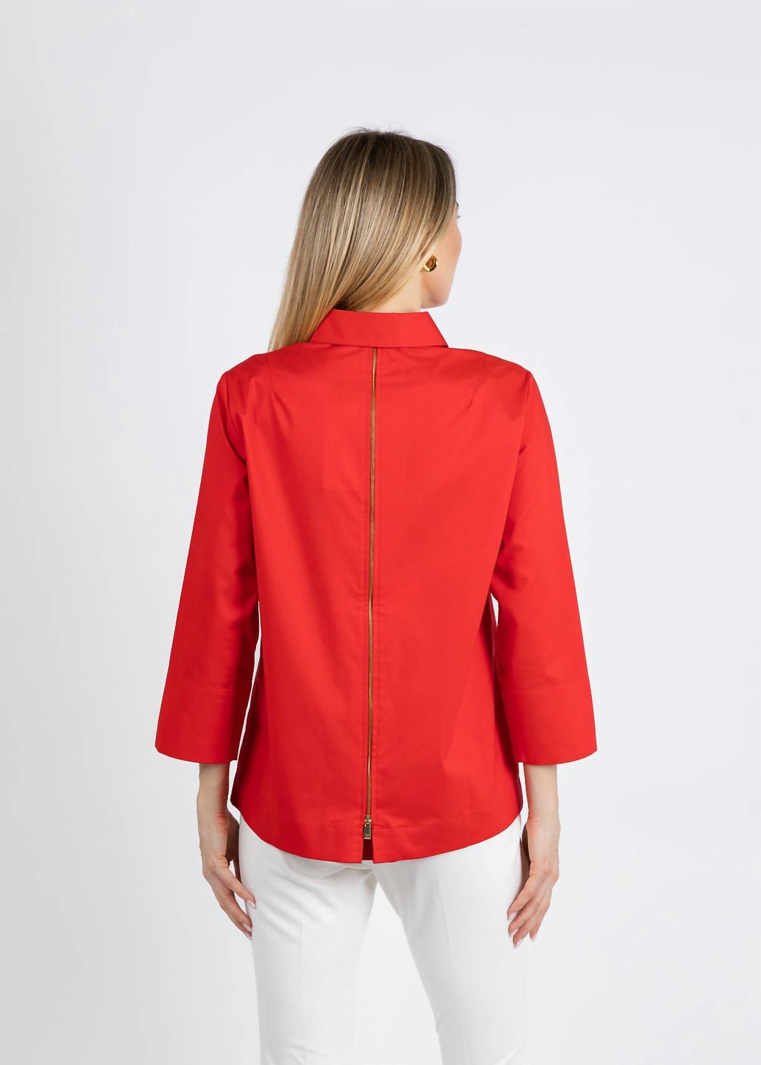 Hinson Wu Xena 3/4 Sleeve Zip Back Shirt Top in poppy - women's shirt - alternate view