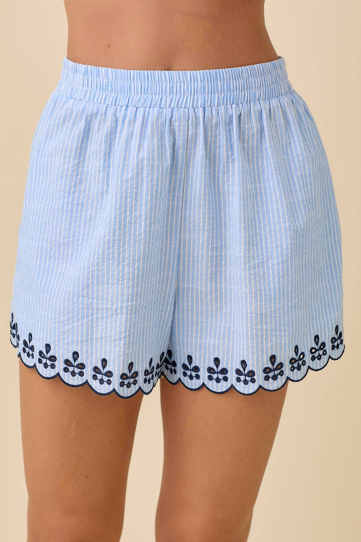 Main Strip - Deena Striped Shorts With Scallop Embroidered Hem Detail