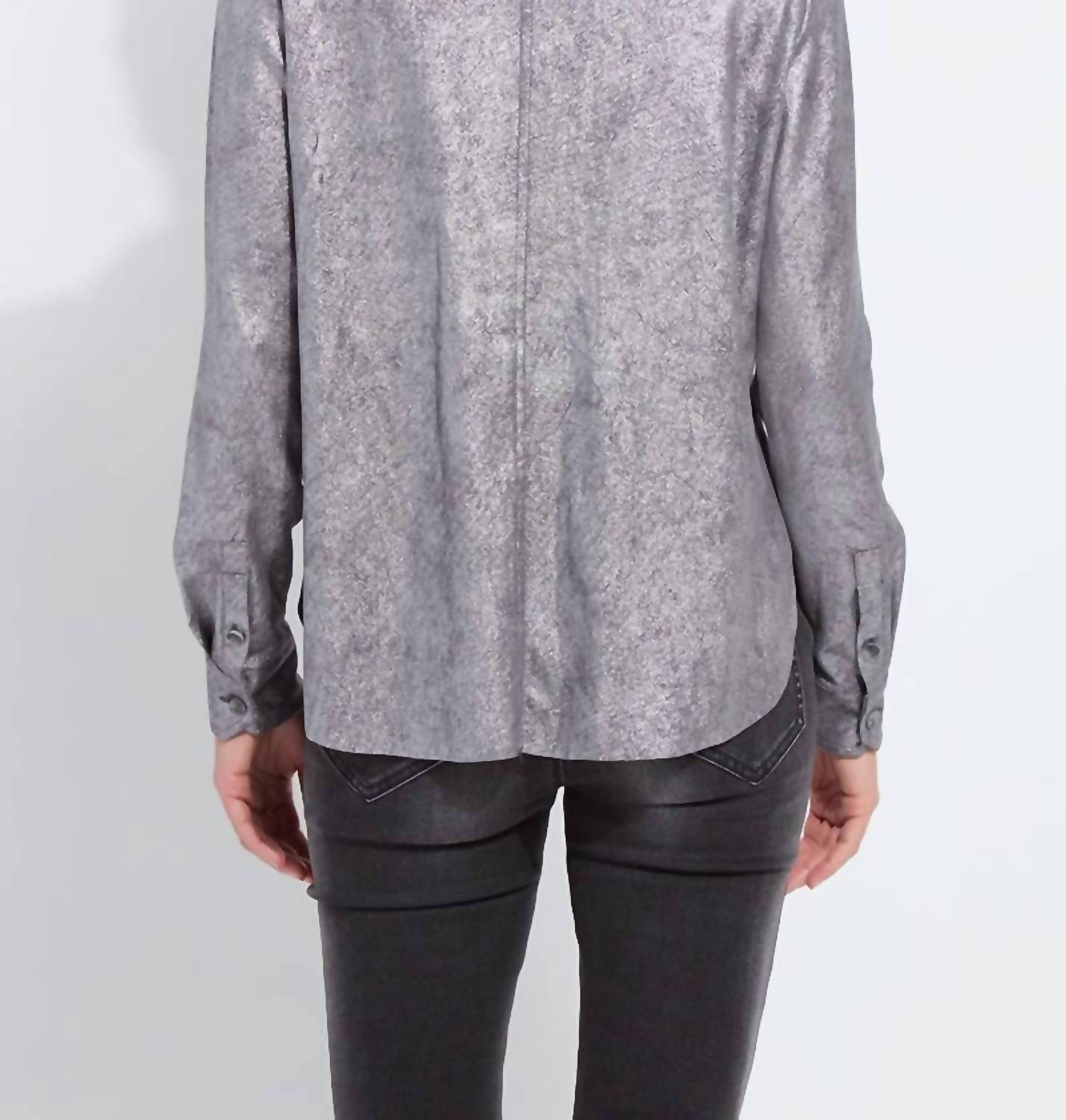 Lysse Connie Patent Foil Vegan Suede Shacket in silver 1 - women's shirt - detail view