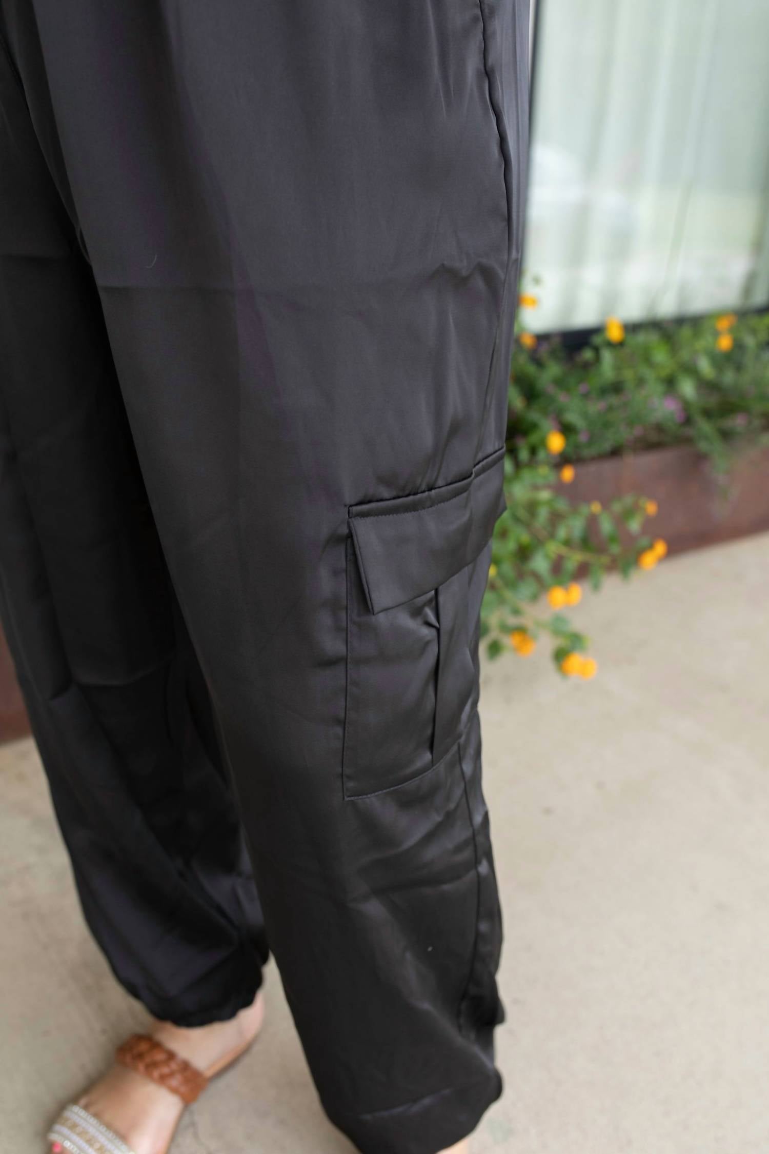GILLI Drawstring Satin Cargo Joggers - Plus in black - women's pants - view 5