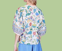 Joy Joy Gored Crew Neck Top in festive florals - women's blouse - detail view