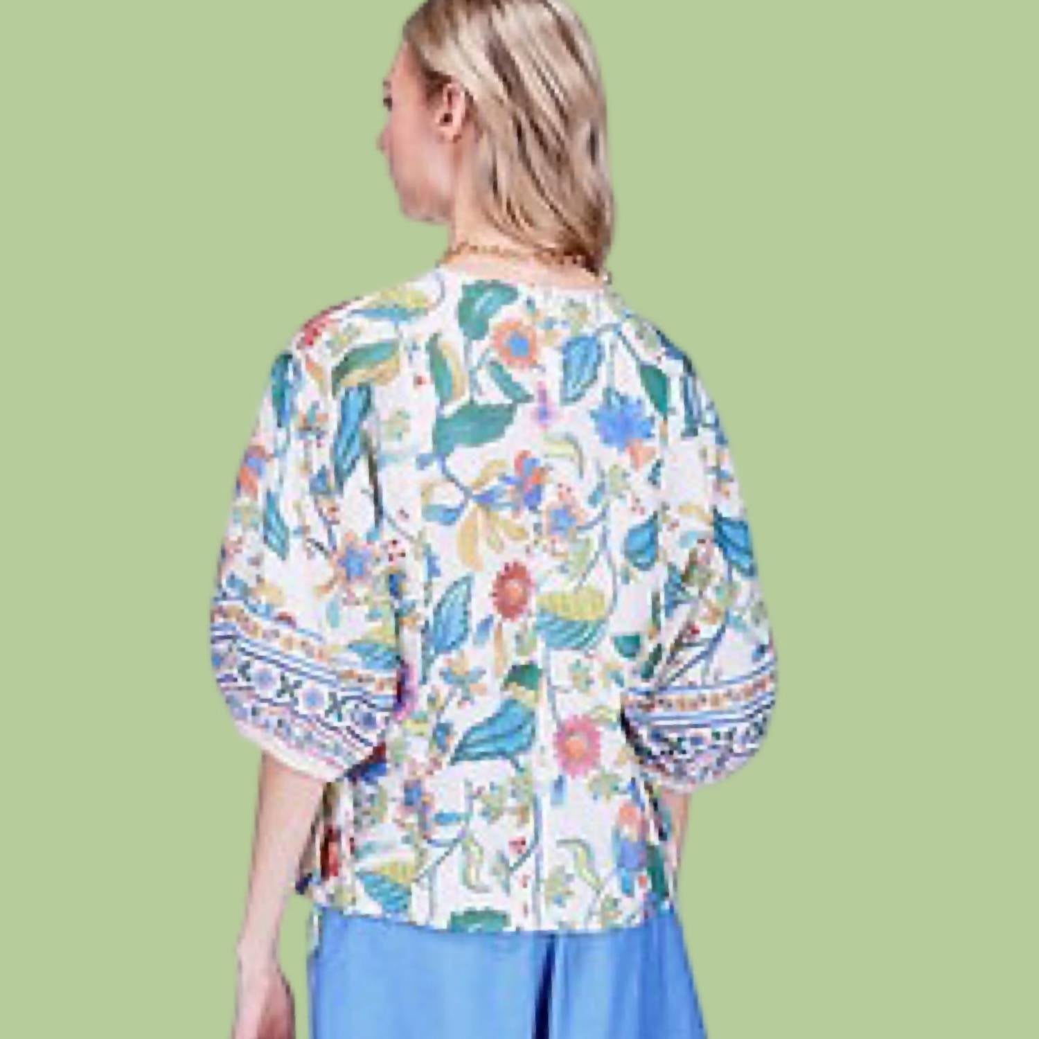 Joy Joy Gored Crew Neck Top in festive florals - women's blouse - alternate view