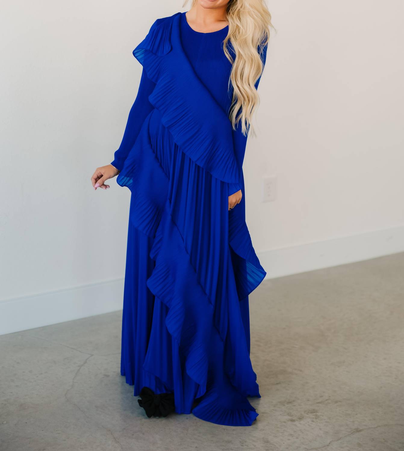 Beulah Asymmetrical Ruffled Details Pleats Maxi Dress in blue - women's dress - detail view