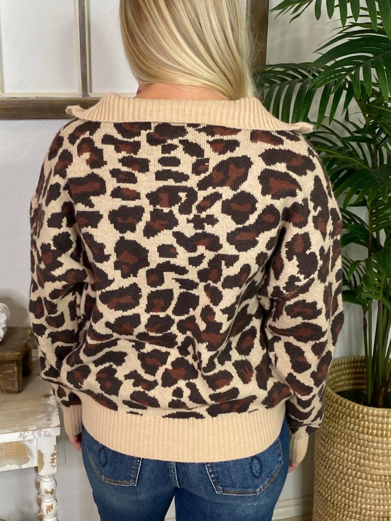 umgee Quarter Zip Sweater in leopard - women's sweater - detail view