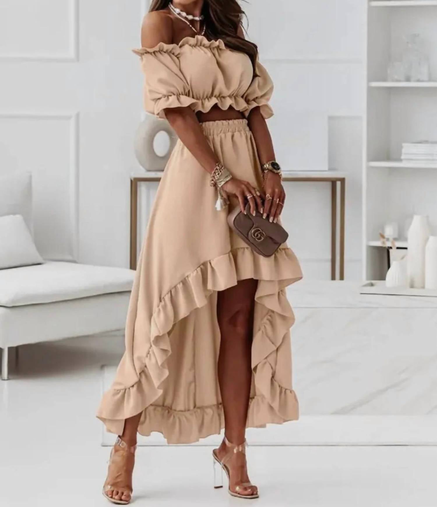 Doublju - Tessa Off The Shoulder Cropped Hi Low Ruffled Two Piece Skirt Set