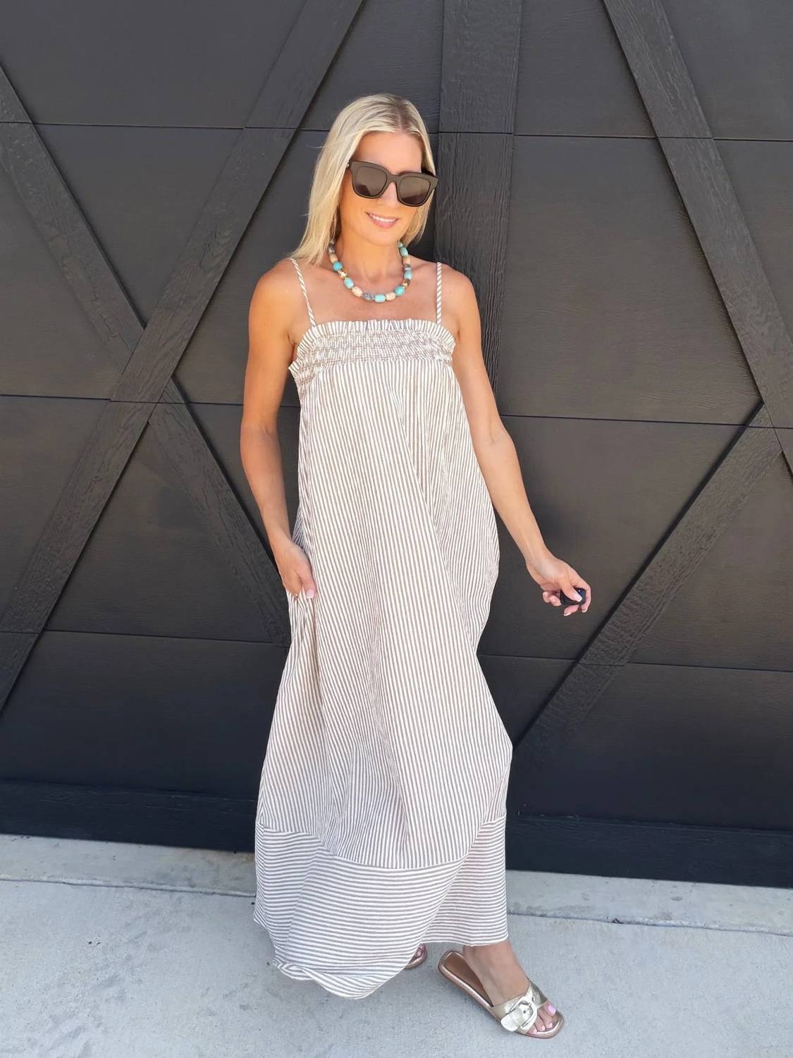 Blu Pepper - Embroidered Smocked Striped Tunic Maxi Dress