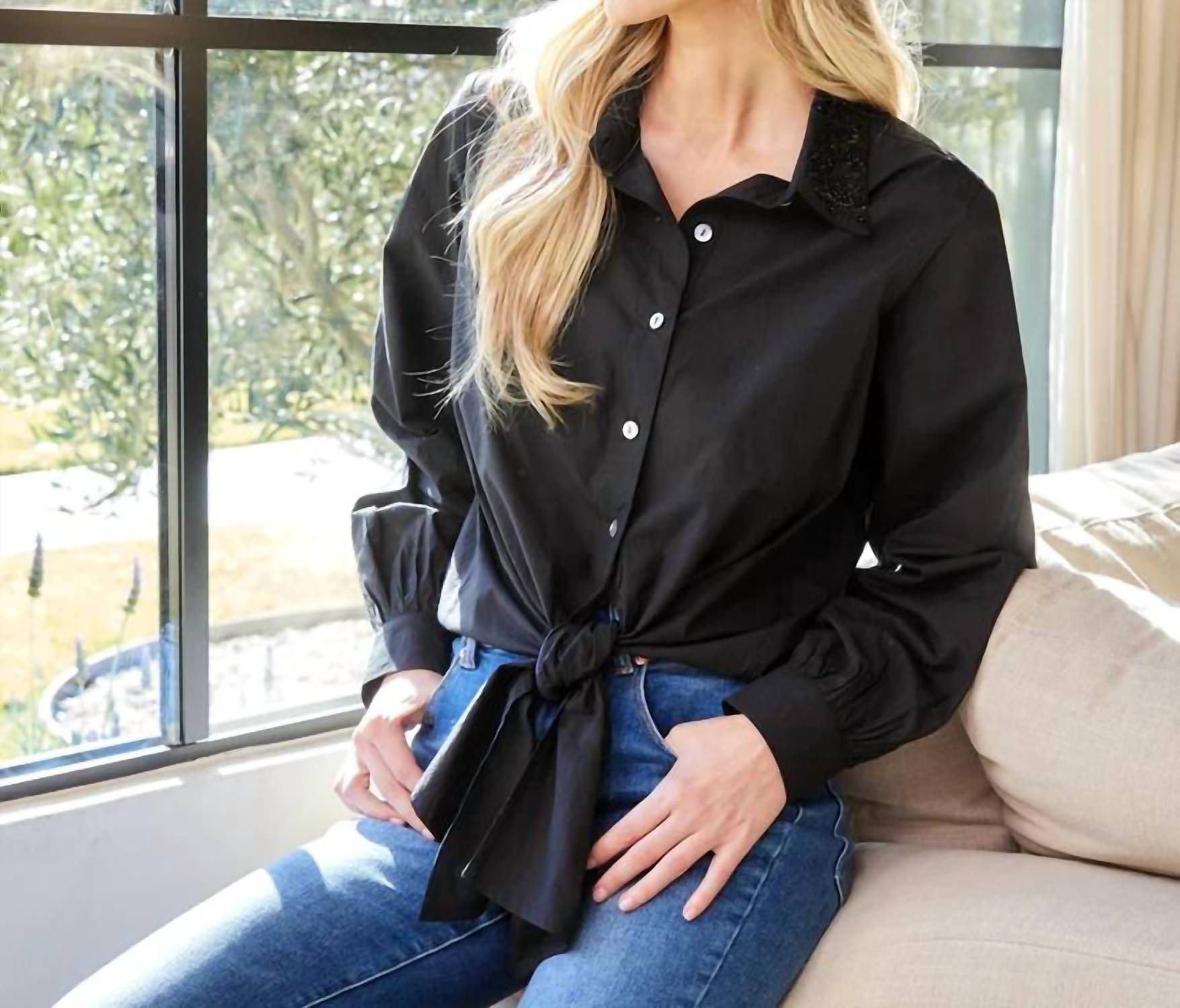 Karen Kane - Leslie Long Sleeve Embellished Collar Tie-front Top