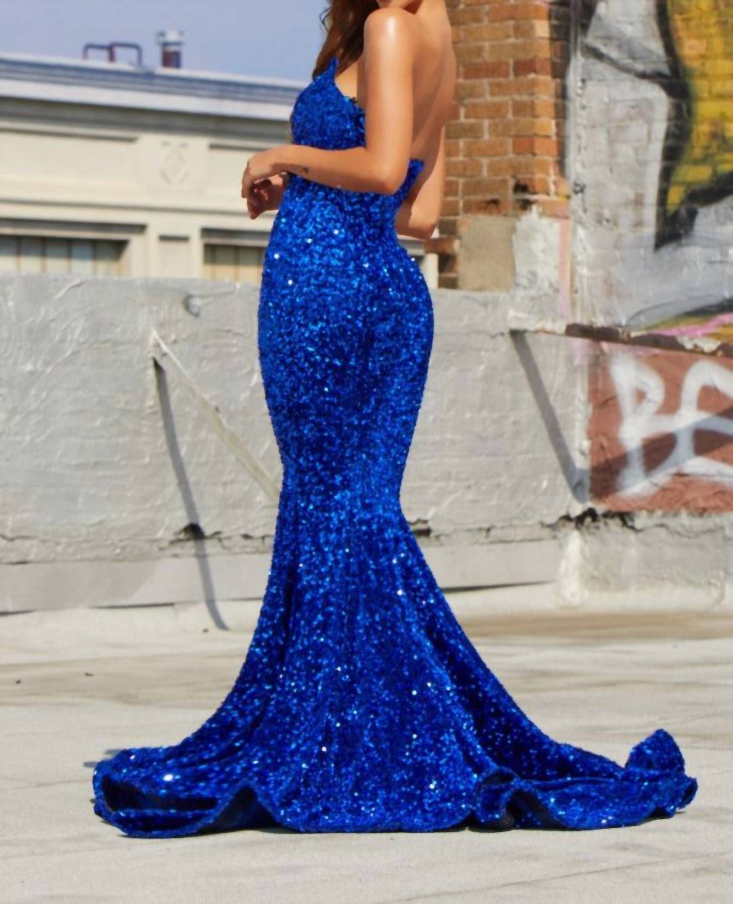 PORTIA&SCARLETT Sequin Evening Gown in cobalt - women's dress - detail view