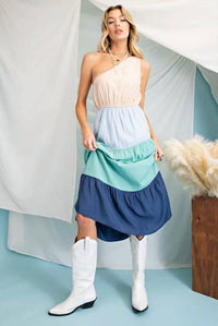 143 Story - Solid Color Block Asymmetrical One Side Open Shoulder Dress