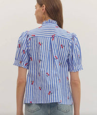 Entro - Striped Embroidered Cherry Puff Sleeve Button Top