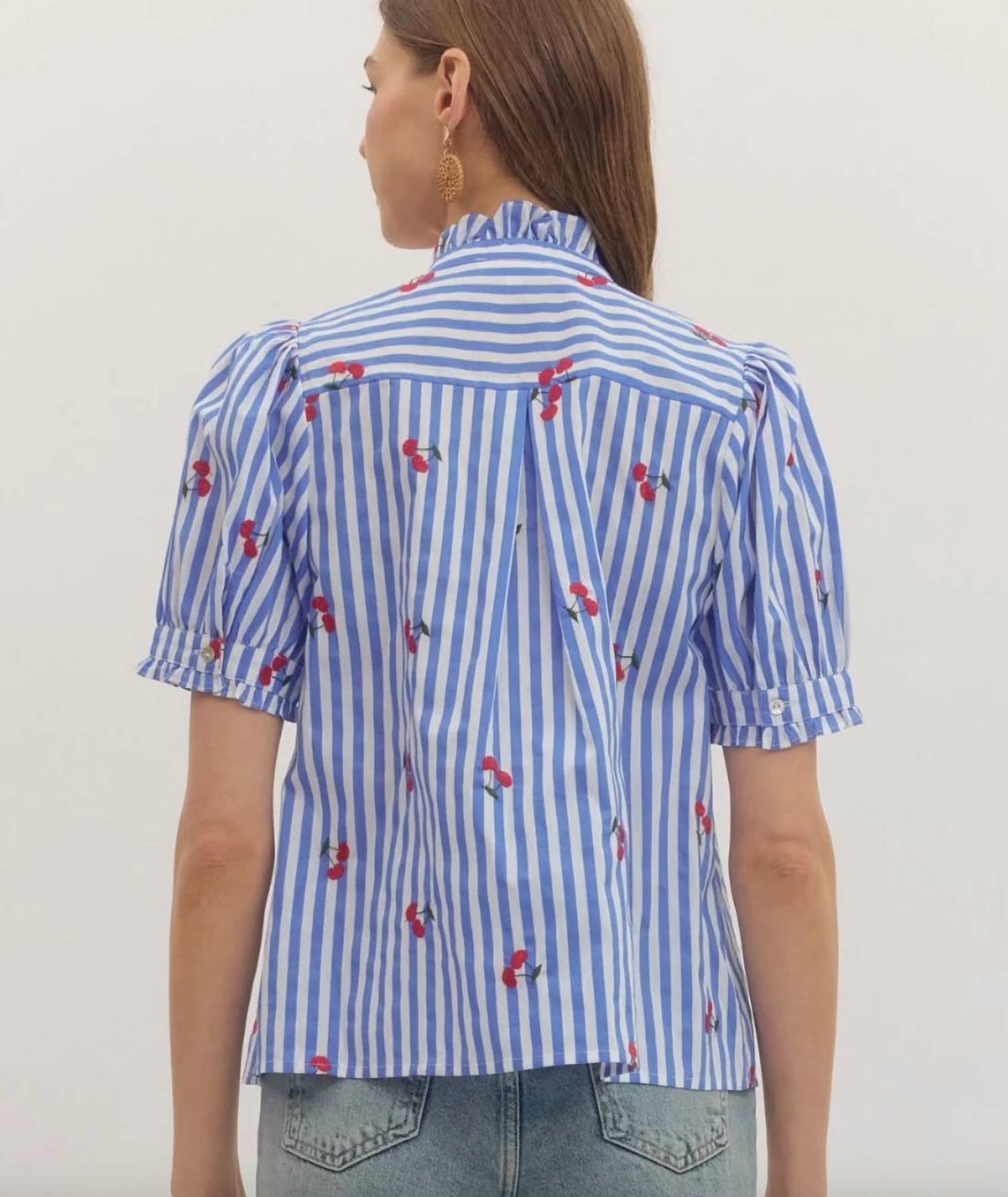 Entro - Striped Embroidered Cherry Puff Sleeve Button Top