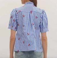 Entro - Striped Embroidered Cherry Puff Sleeve Button Top