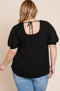 Emerald Collection - Eyelet Bubble Sleeves Solid Knit Top