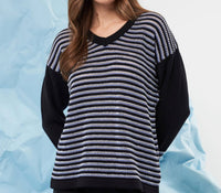 french kyss Stripe V-Neck Top in black multi - women's long sleeve top - detail view