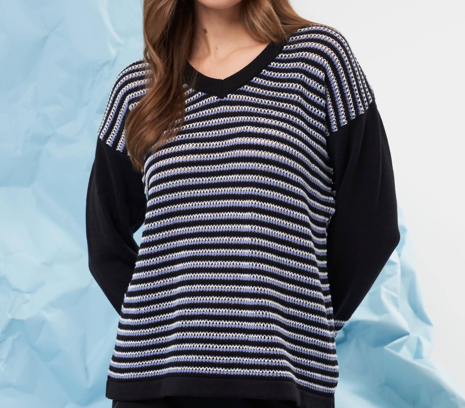 french kyss Stripe V-Neck Top in black multi - women's long sleeve top - detail view