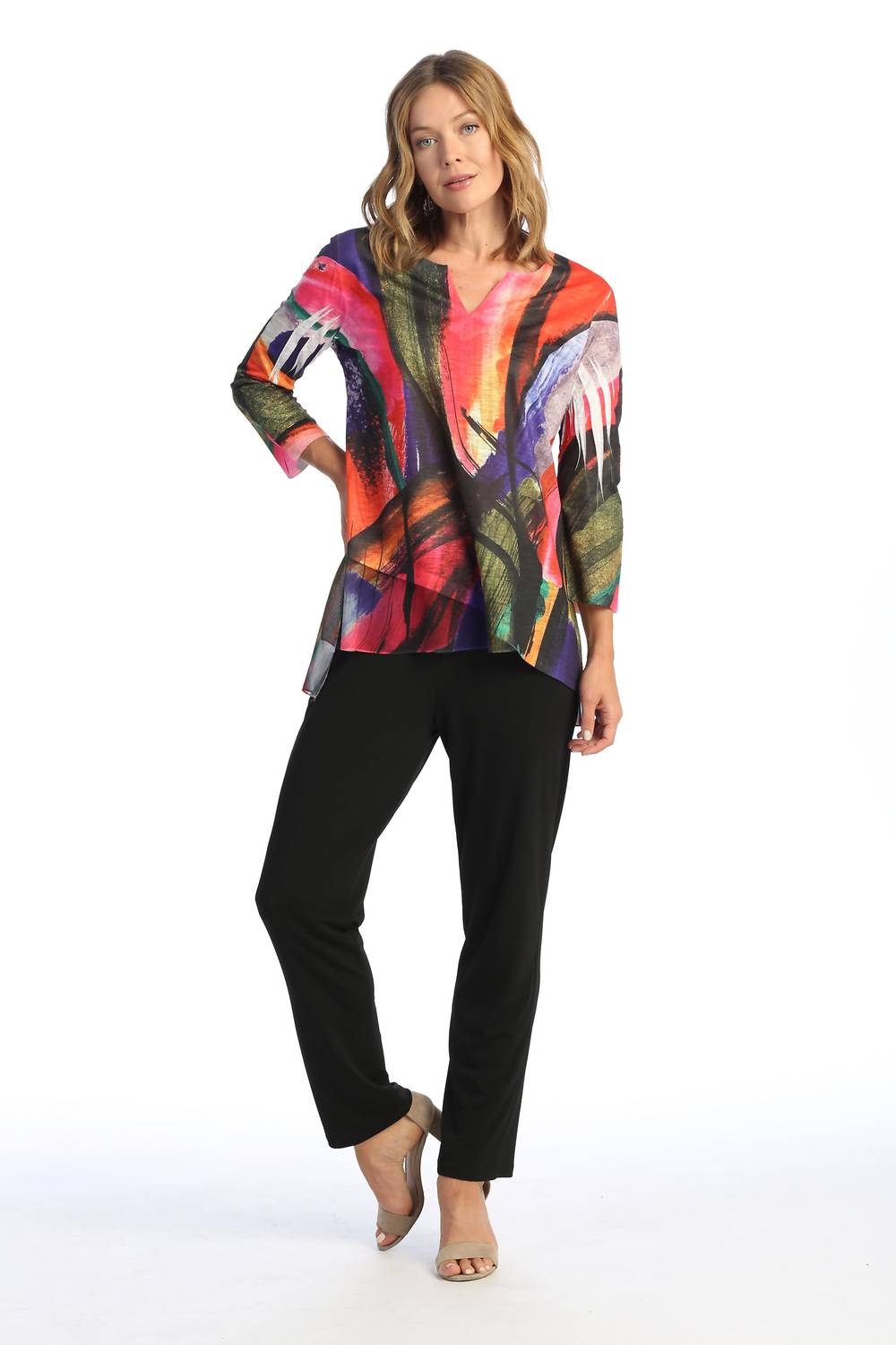 Jess & Jane - Vera Slit V-neck Chiffon Contrast Top