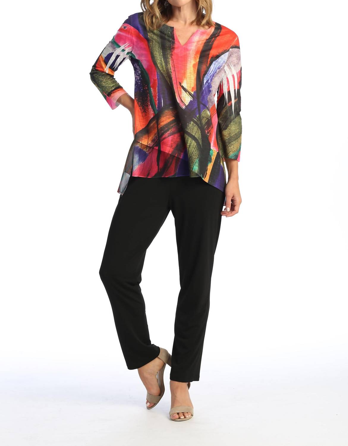 Jess & Jane - Vera Slit V-neck Chiffon Contrast Top