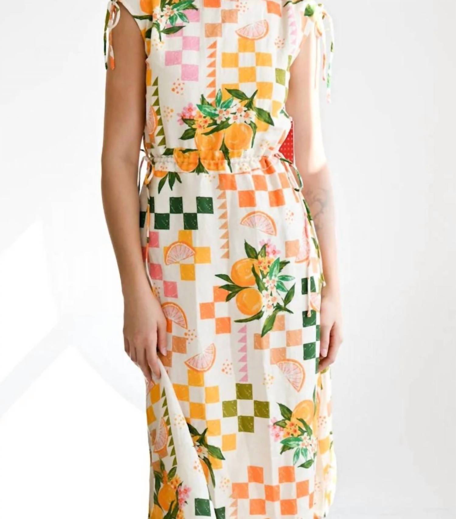Never a Wallflower Cinch Waist Short Dress in oranges - women's dress - detail view