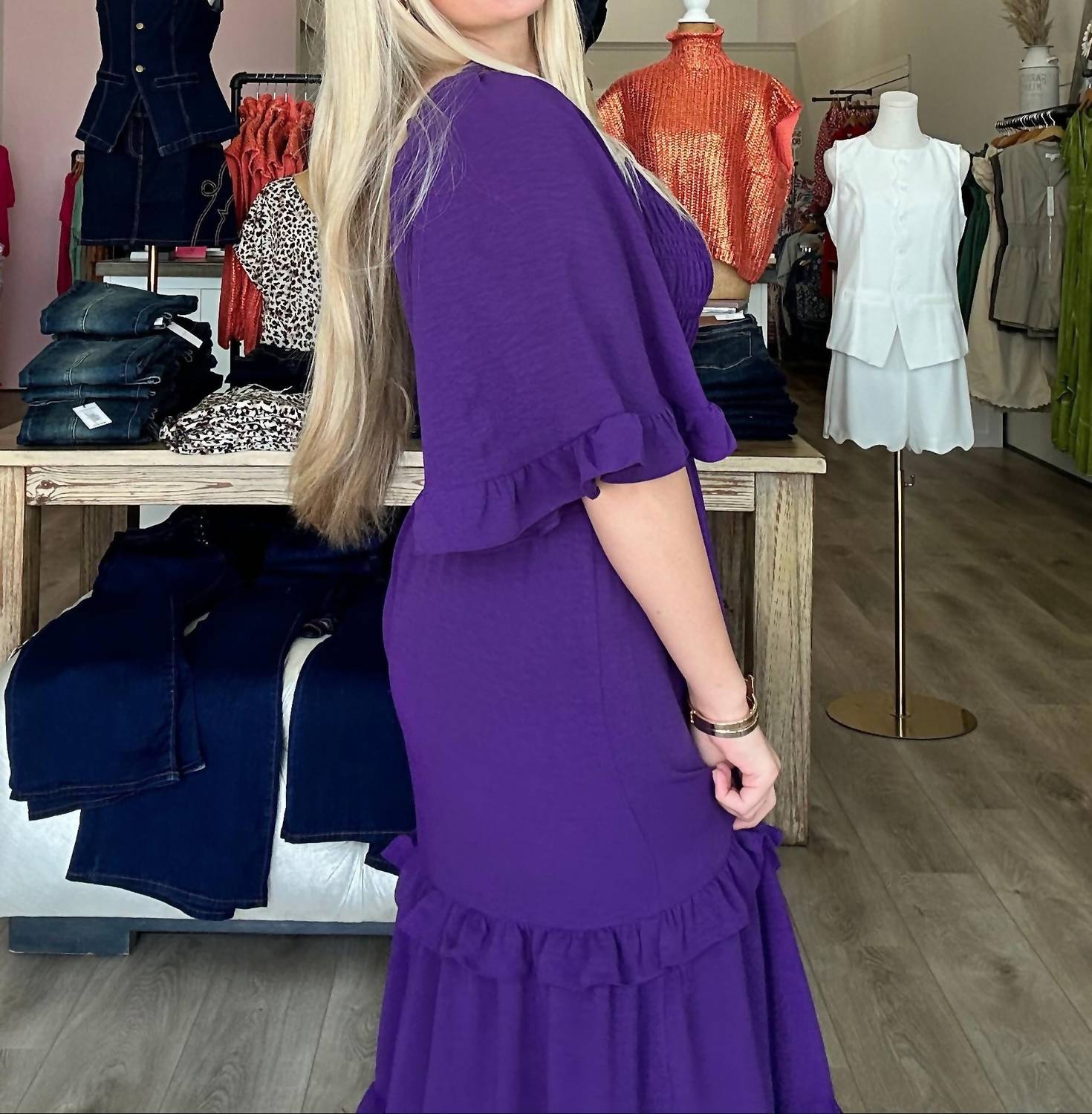 She + Sky - Bell Sleeve Square Neck Smocked Tiered Midi Dress